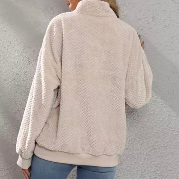 Shein Beige Textured Fleece Pullover Medium Long Sleeve 1/4 Zip Cozy Sweatshirt - Picture 2 of 9